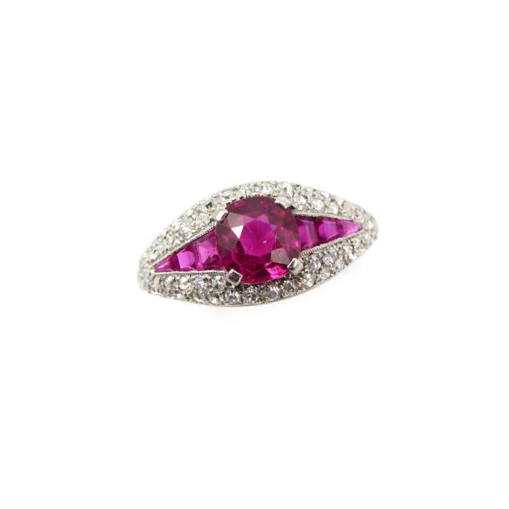 Antique Burma ruby and diamond boat shaped cluster ring